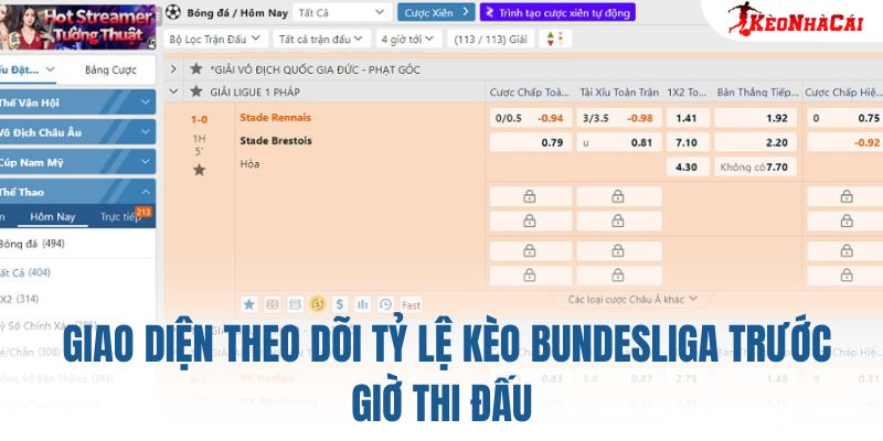 Giao diện theo dõi tỷ lệ kèo Bundesliga trước giờ thi đấu