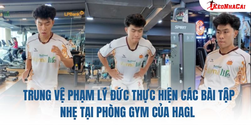 Trung vệ Phạm Lý Đức thực hiện các bài tập nhẹ tại phòng gym của HAGL